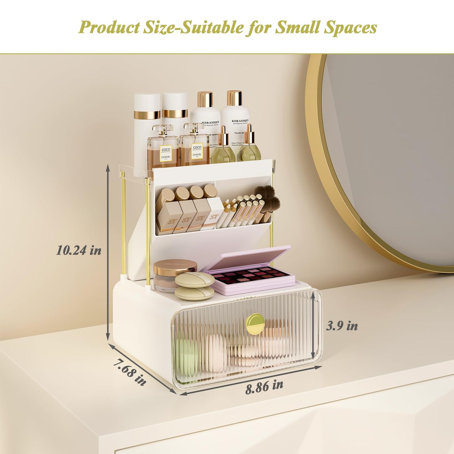 FOLLOWIN Bathroom Counter Organizer with Drawer, Dresser Top Organizer with Make Up Brush Holder, Makeup Shelf, Vanity Organizers, Cosmetic Perfume Organizer, Clear