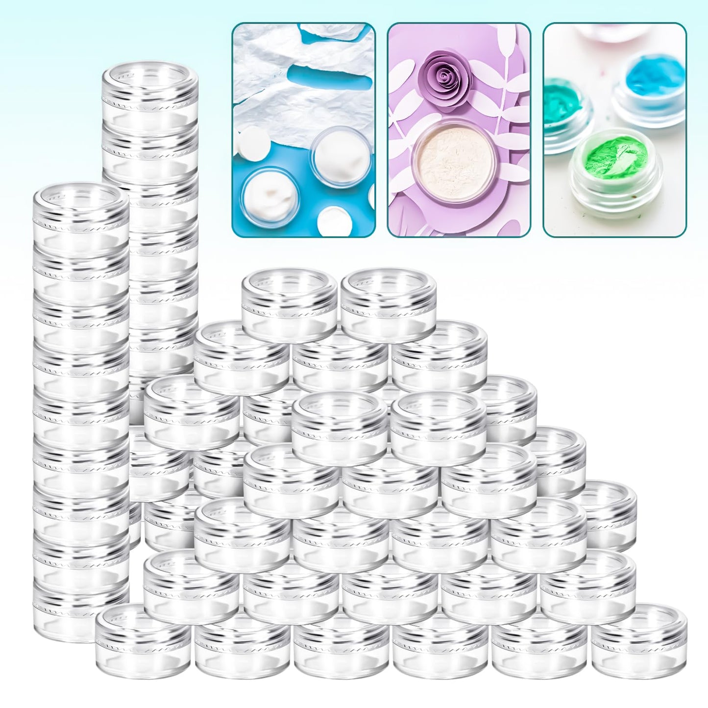 MotBach 200 Pack 5g Plastic Jars with Lids, 5ml Round Clear Cosmetic Containers Makeup Jars, 5gram Travel Size Container Jar with Spatulas for Makeup Sample Lotion Cream Ointment Salve Balm Powder