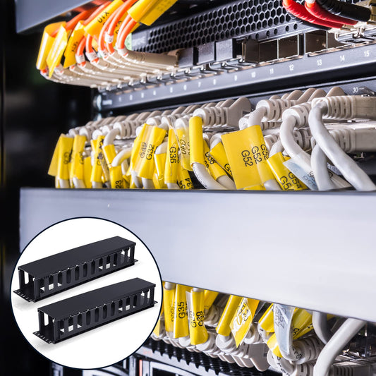 Taiyin 2 Pcs 2u 19 Inch Horizontal Cable Management Panel, 12 Slot Rack Cable Organizer with Removable Cover for Server & Network Rack