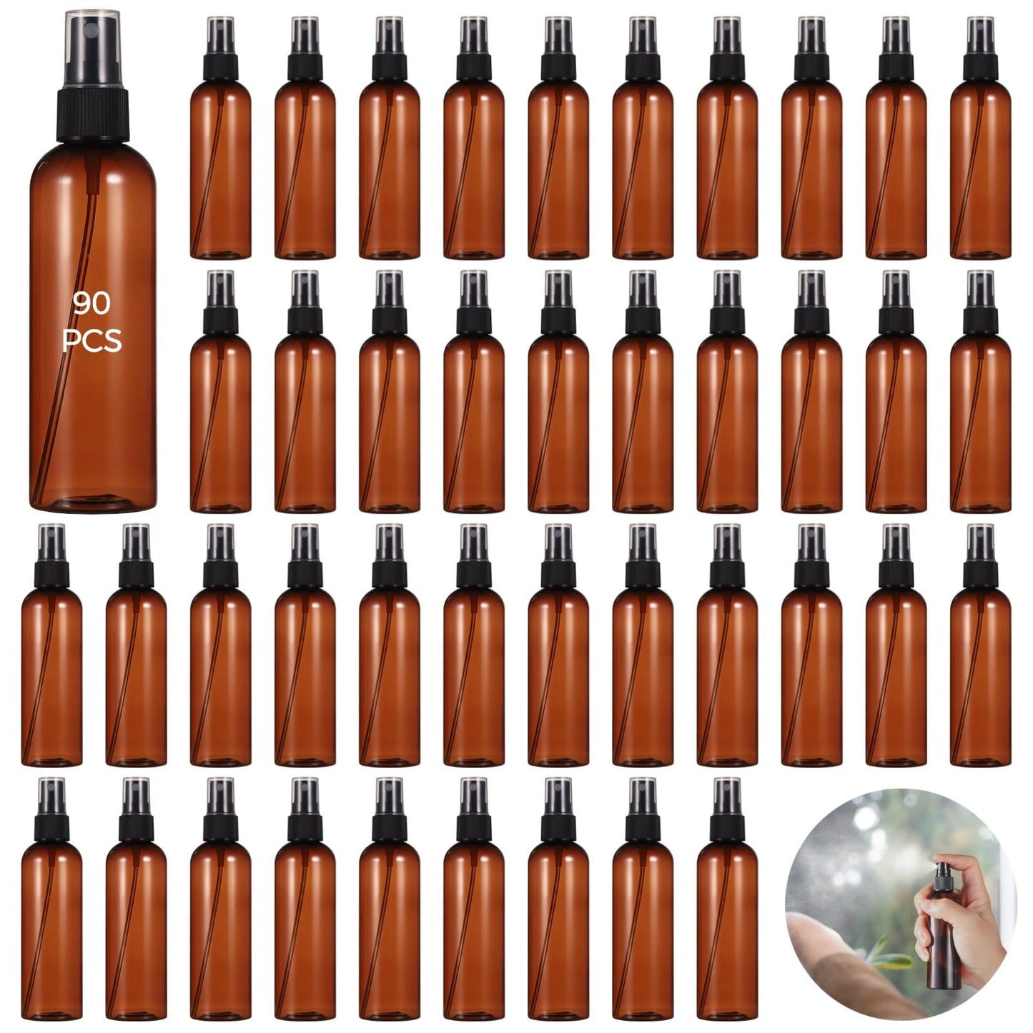 ZALIR 90 Pcs Small Amber Spray Bottles 4 oz - Brown Fine Mist Spray Containers, Empty Refillable Atomizer Bottles, Leak-proof Travel Dispensers for Essential Oils, Perfume, Cleaning Solutions