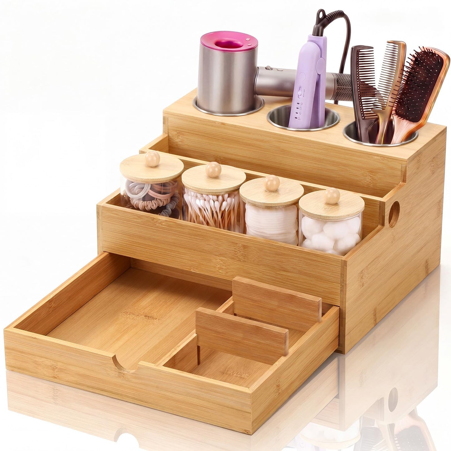 Havawish Hair Tool Organizer with Drawer Bamboo Bathroom Countertop Organizer with 4 Plastic Cotton Ball Holder Countertop Blow Dryer Holder Vanity Caddy Storage Stand for Hair Accessory, Makeup