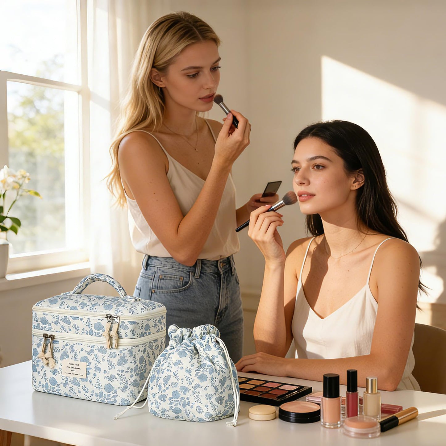 Gosect Makeup Bag, 2pc Quilted Cosmetic Bag Set, Drawstring Makeup Bag with Canvas Lining + Large Floral Toiletry Bag for Women Girls, Cute Cotton Flower Travel Organizer Bag (Blue Flowers