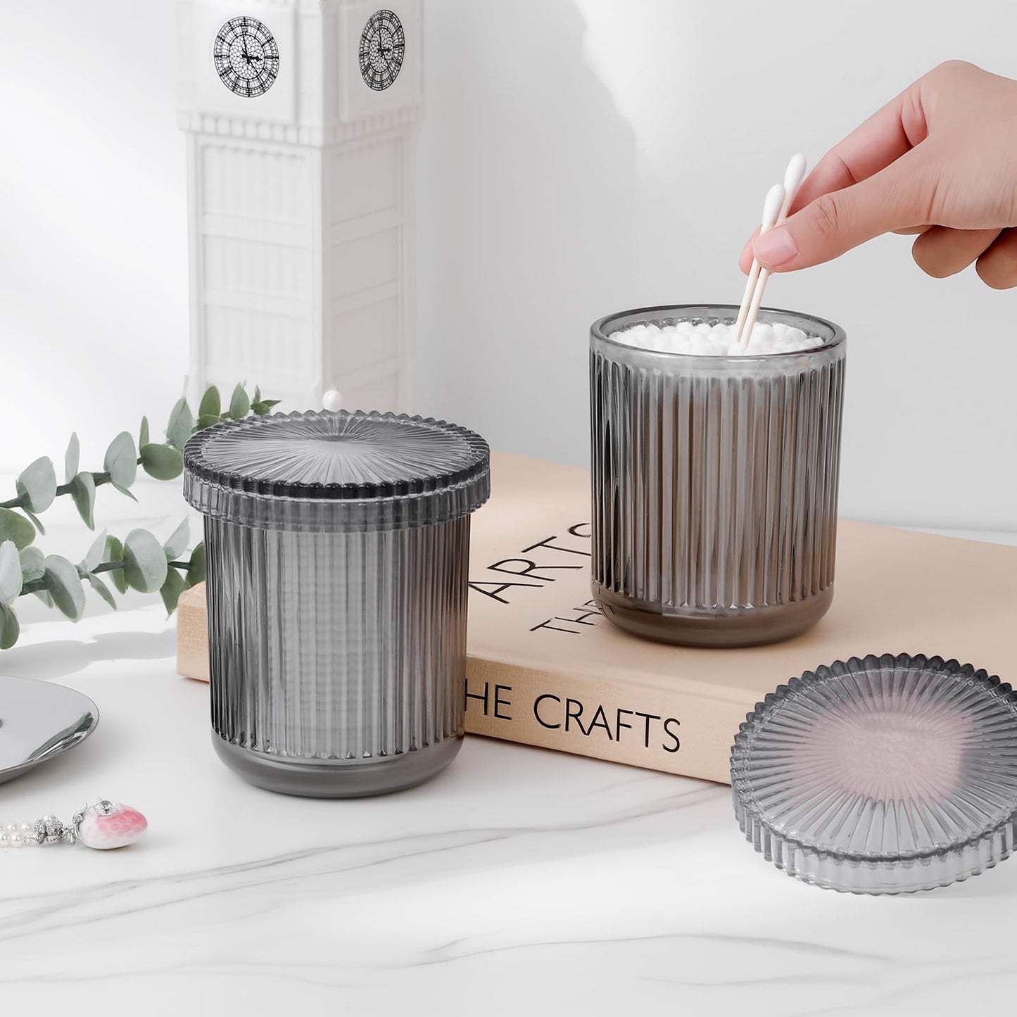 rejomiik 2 Pack Glass Qtip Holder Dispenser, Bathroom Canister Apothecary Jars with Lids, Vanity Makeup Accessories Storage Organizer for Cotton Swabs, Cotton Balls, Pads, Floss Picks, Gray