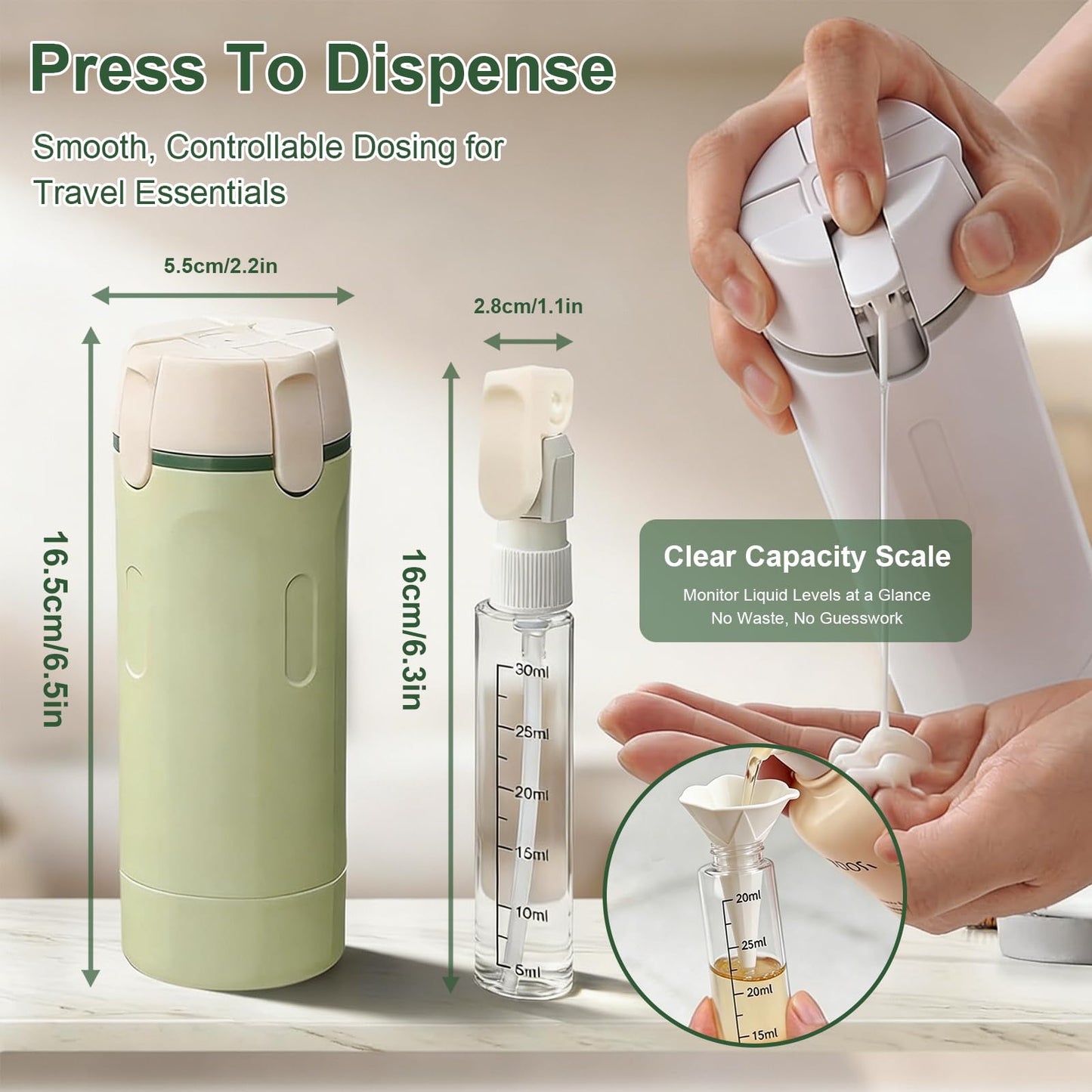 4 in 1 Refillable Travel Dispenser, Portable Travel Toiletries Bottle Set, Leak Proof Travel Size Liquid Containers, Reusable Empty Cosmetic Bottles for Vacation Business Trip Camping (Green)