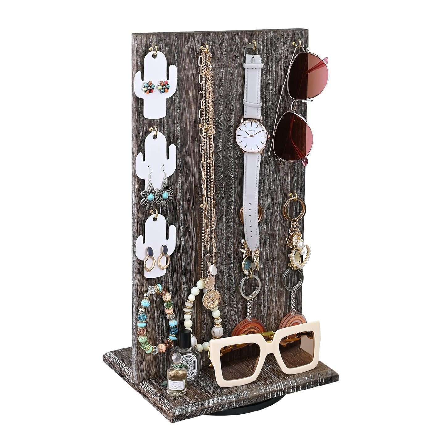 Ikee Design Wooden Rotating Two-Sided Jewelry Display Stand, Rotating Organizer with 32 Hooks for Store, Keychain Earring Display with Hooks, Coffee color, 9 W x 7.5 D x 16.5 H in