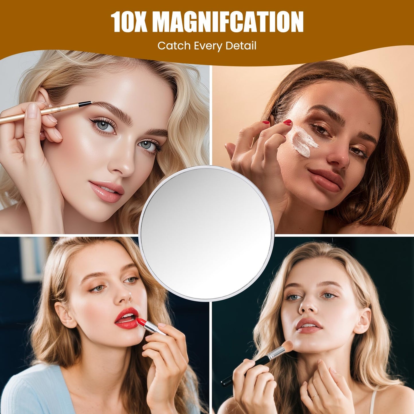 Vanity Mirror with Lights, 16"×12.4" LED Makeup Mirror, Rounded Frame, 10X Magnification, Smart Touch with 3-Color Lighting, Dimmable, 360° Rotation, Lighted Up for Makeup Desk, Bedroom (Gold)