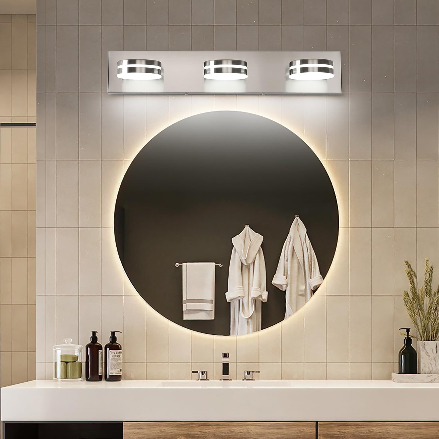 Bicrink Brushed Nickel Bathroom Vanity Light, (24in Dimmable) 3-Light Bathroom Light Fixtures Over Mirror, LED 5500K Vanity Lights with 360°Rotating Lamp Head