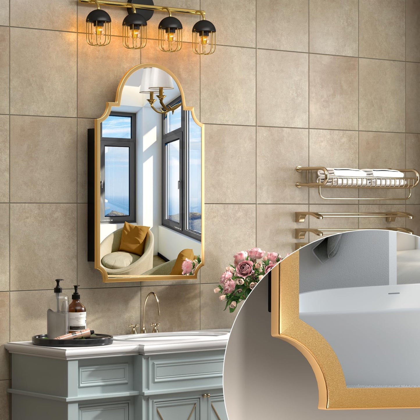 20"x32" Medicine Cabinet with Mirror, Recessed and Surface Mount Medicine Cabinets for Bathroom, Bedroom, Full Metal, Unique Art Arched Mirror with Storage, 2 Shelves and 1 Organizer Box, Bling Gold