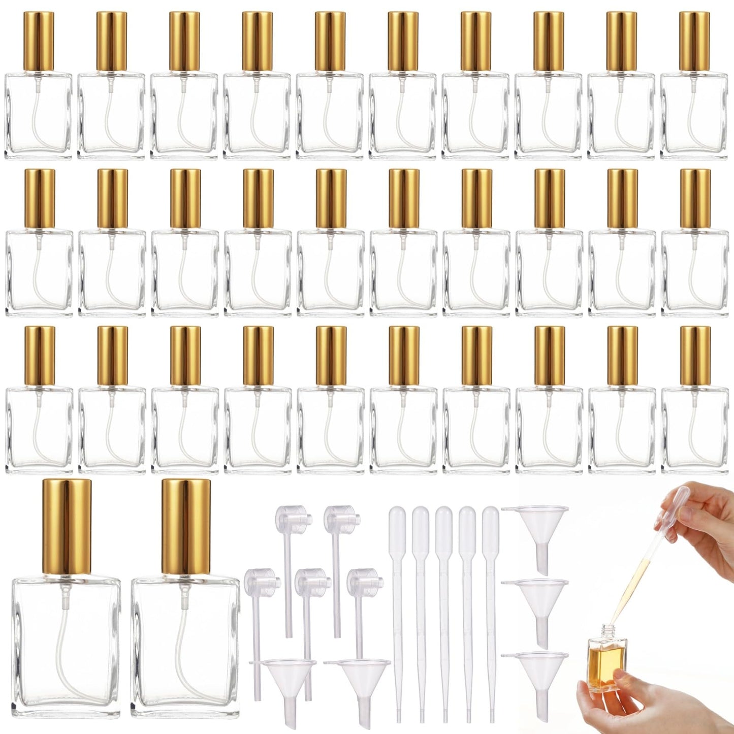 Calolin 32 Pcs Glass Perfume Spray Bottles with 15 Dispensing Tools, 15 ml Mini Refillable Perfume Atomizer Bottle, Travel Perfume Bottle, 1.4 x 3.1 in