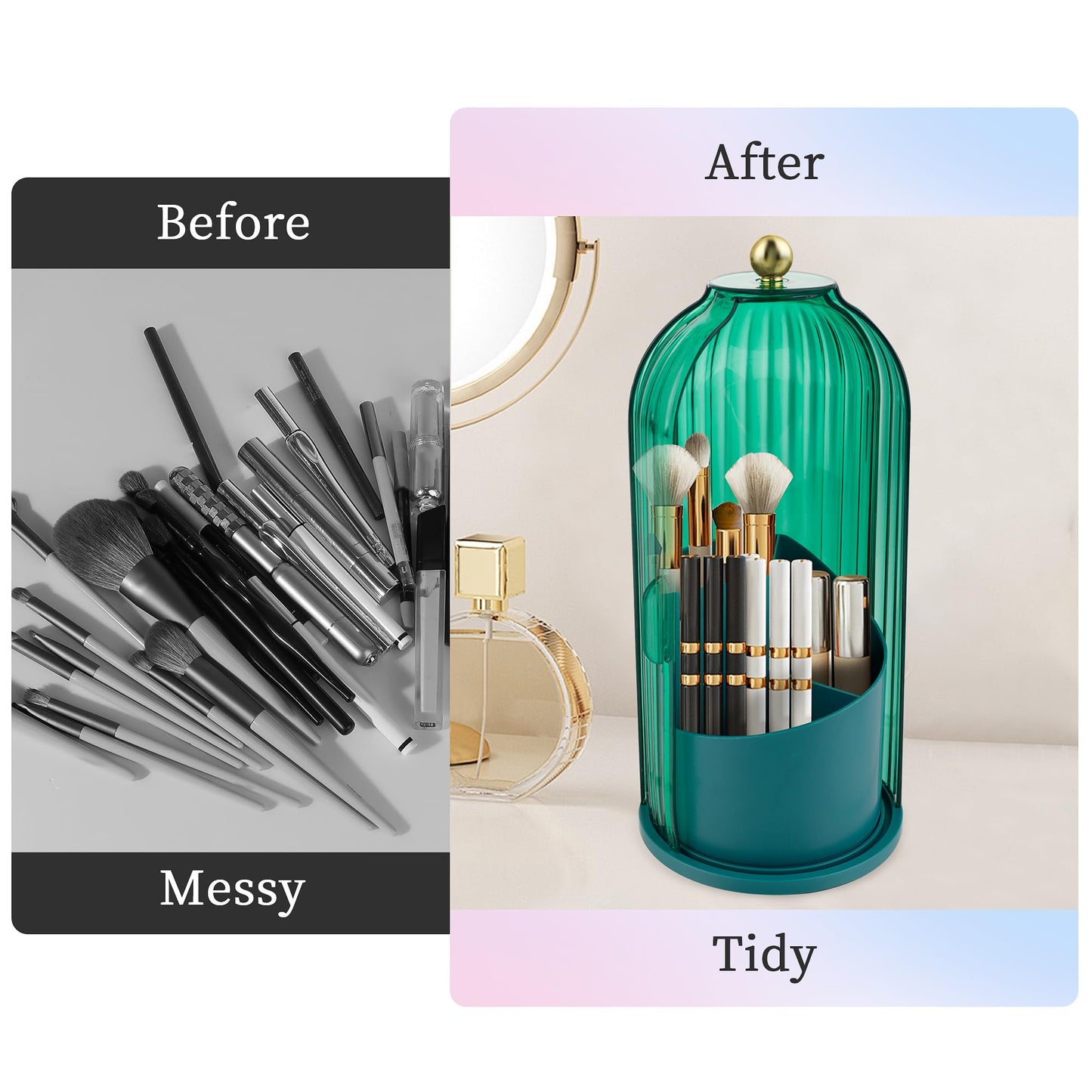 Makeup Brush Holder with Lid 360 Rotating Makeup Brush Organizer, Dustproof Waterproof Material & with 3 Compartments for Organized Storage, Dressing Tables Clear Storage Skincare Cosmetic (Green)