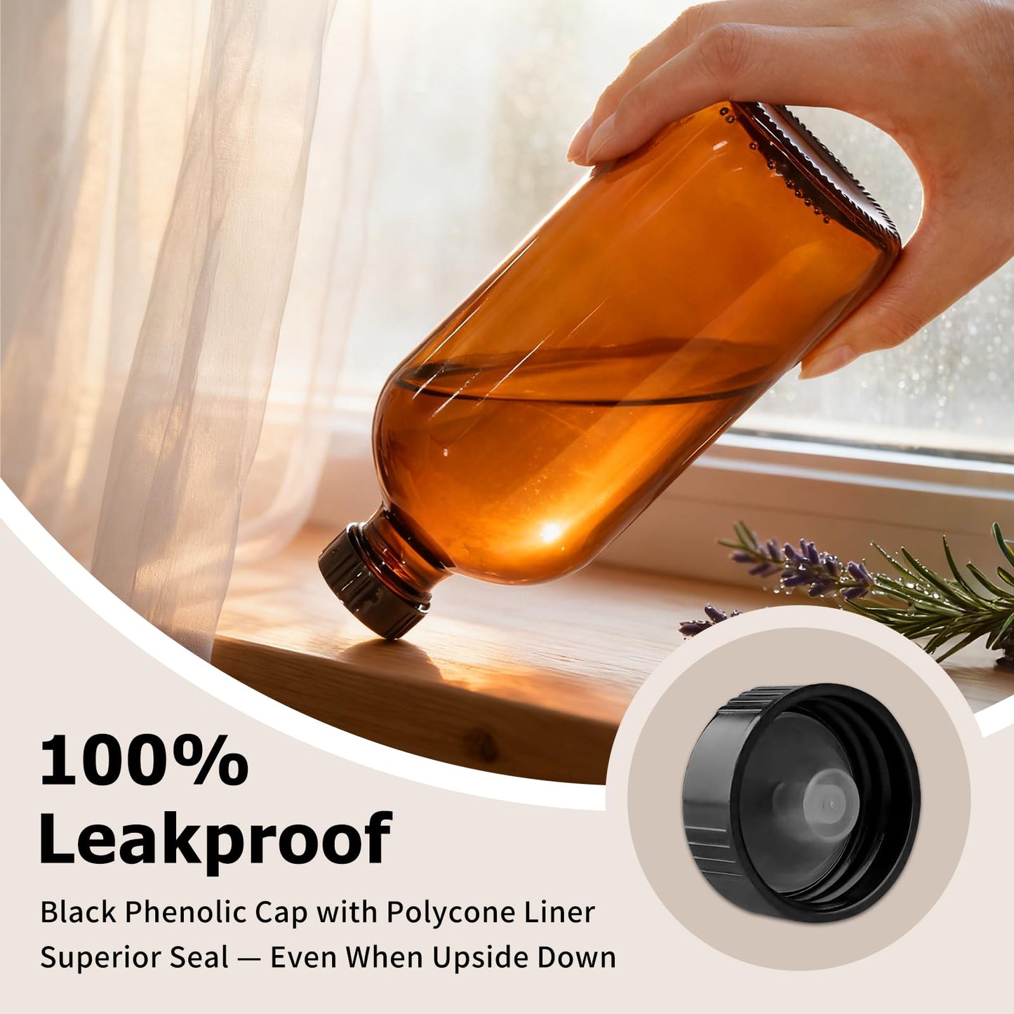 15 Pack 16 oz Amber Glass Boston Round Bottles with Phenolic Polycone Caps – Airtight, Leak-Proof Brown Bottles for Kombucha Brewing, Storing Condiments, Essential Oils, and Homemade Solutions