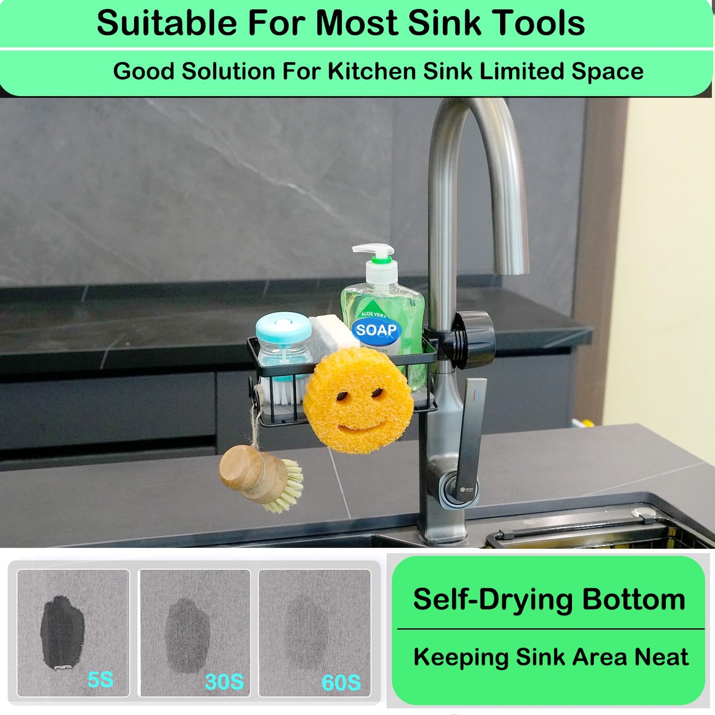 Seltomer Sponge Holder for Kitchen Sink Smiley Face Sponge Holder Over Faucet - Stainless Steel Sink Caddy Organizer with Quick Stone Drying Mat (Black)