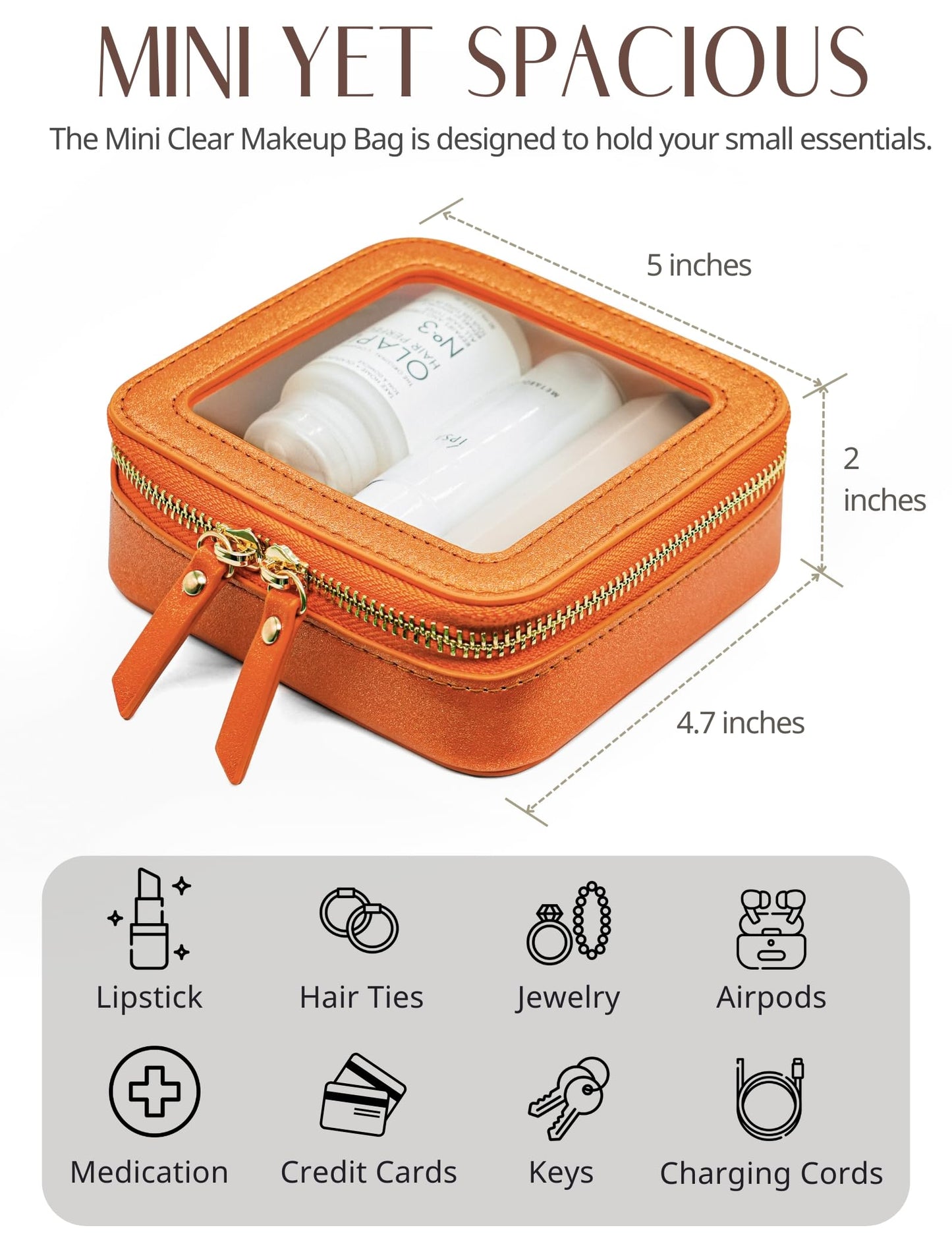 Popvibe Clear Makeup Bag with Zipper Small Travel Cosmetic Case Orange Mini Pouch for Purse Accessories Car Storgae Essentials Bag Purse Pouch Organizer Compact Small Clear Toiletry Bag for Traveling