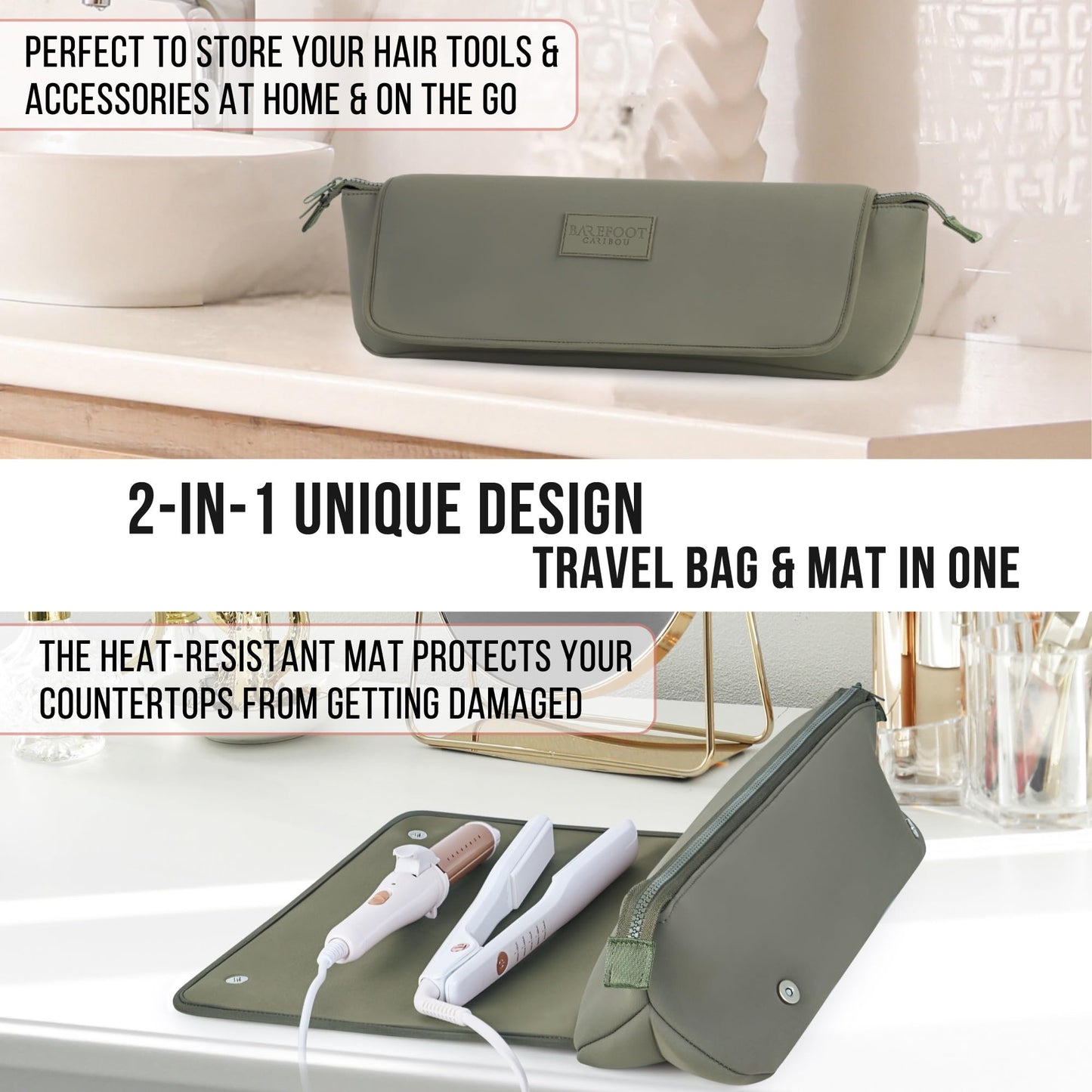 BAREFOOT CARIBOU Hair Tools Travel Bag and Heat Resistant Mat (15.5") for Flat Irons, Straighteners, Curling Iron, Haircare Accessories, 2-in-1 design, Interior Pockets, Portable Organizer (Olive)