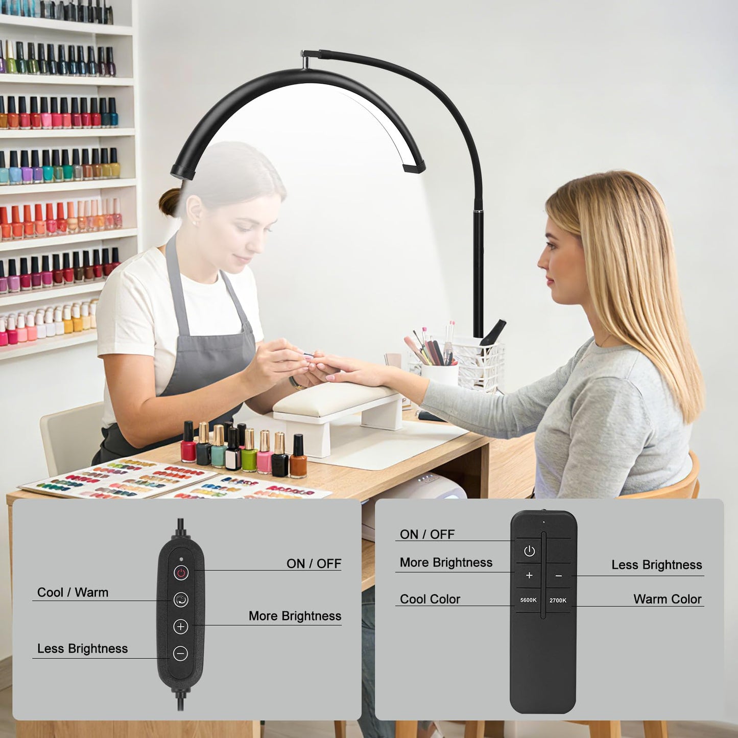 ZEKAHOV Half Moon LED Floor Light - Professional Shadow-Free Lamp for Lash Techs, Estheticians & Tattoo Artists | Remote Control & Dimmable for Eyelash Extensions, Nail Art, Home & Office
