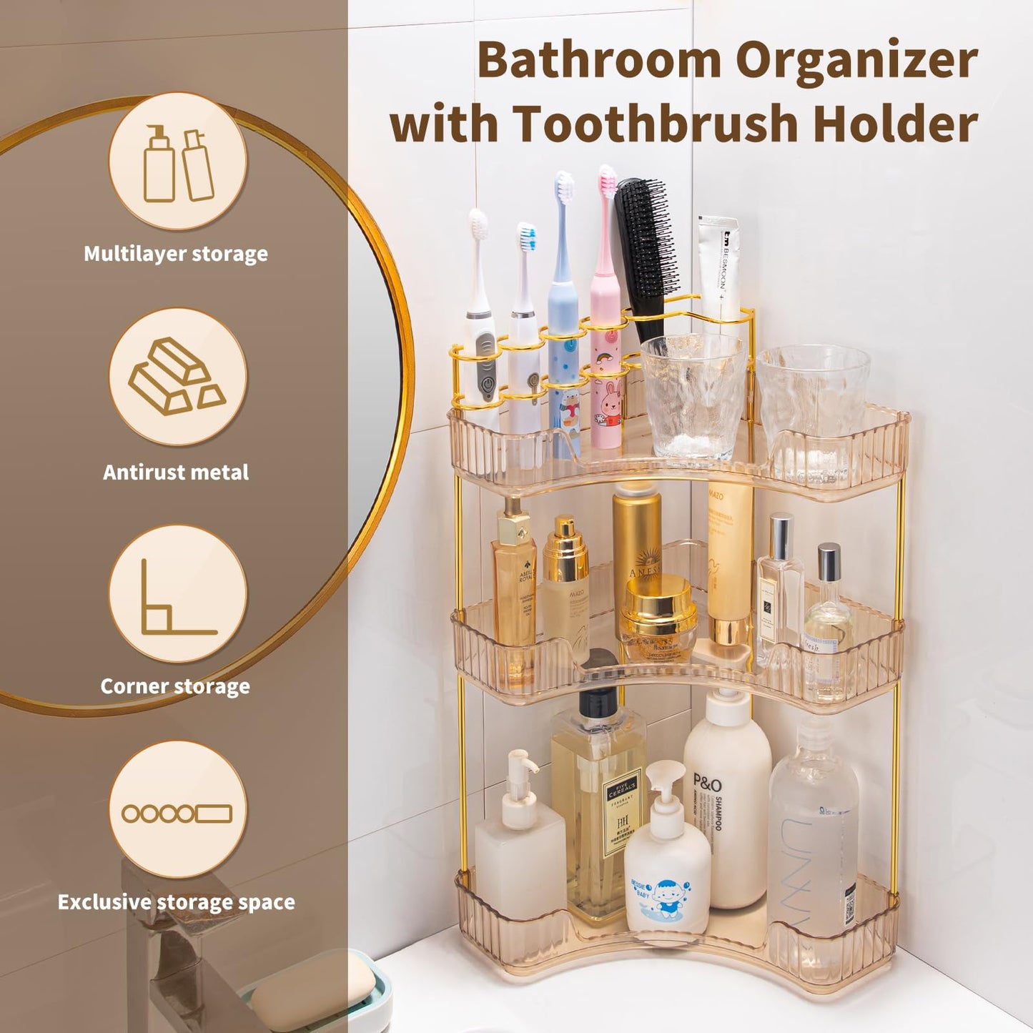 NATURE'S SOURCE Makeup Organizer for Vanity, 3-Tier Corner Bathroom Organizer Countertop with Makeup Brush Holder, Bathroom Counter Storage for Dresser-Amber Gold