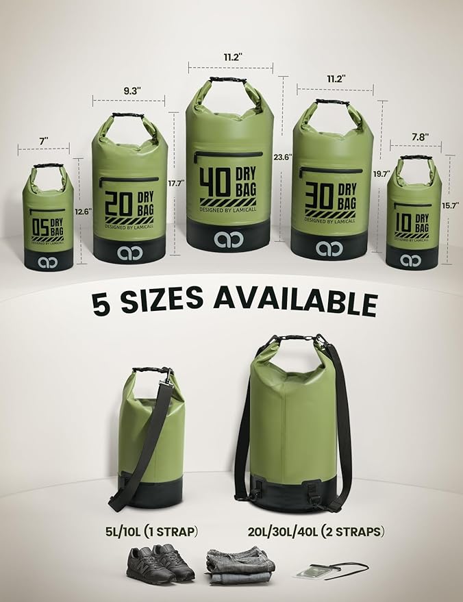 Lamicall Dry Bag, Waterproof Bag - [Durable & Floating] 5L/10L/20L/30L/40L Roll Top Drybag with Water Proof Phone Pouch for Travel Swimming Boating Kayaking Paddle Board Camping Beach Accessories