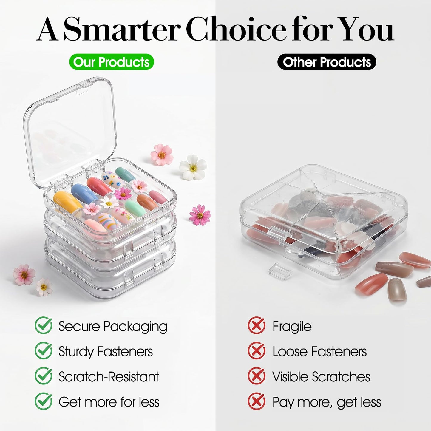 Meyeyaia 48 Sets Press On Nail Boxes, Clear Nail Packaging Case for Press Ons with 180 Pcs Adhesive Double Sided Tape, Acrylic Artificial Nail Display Container for Nails Salon