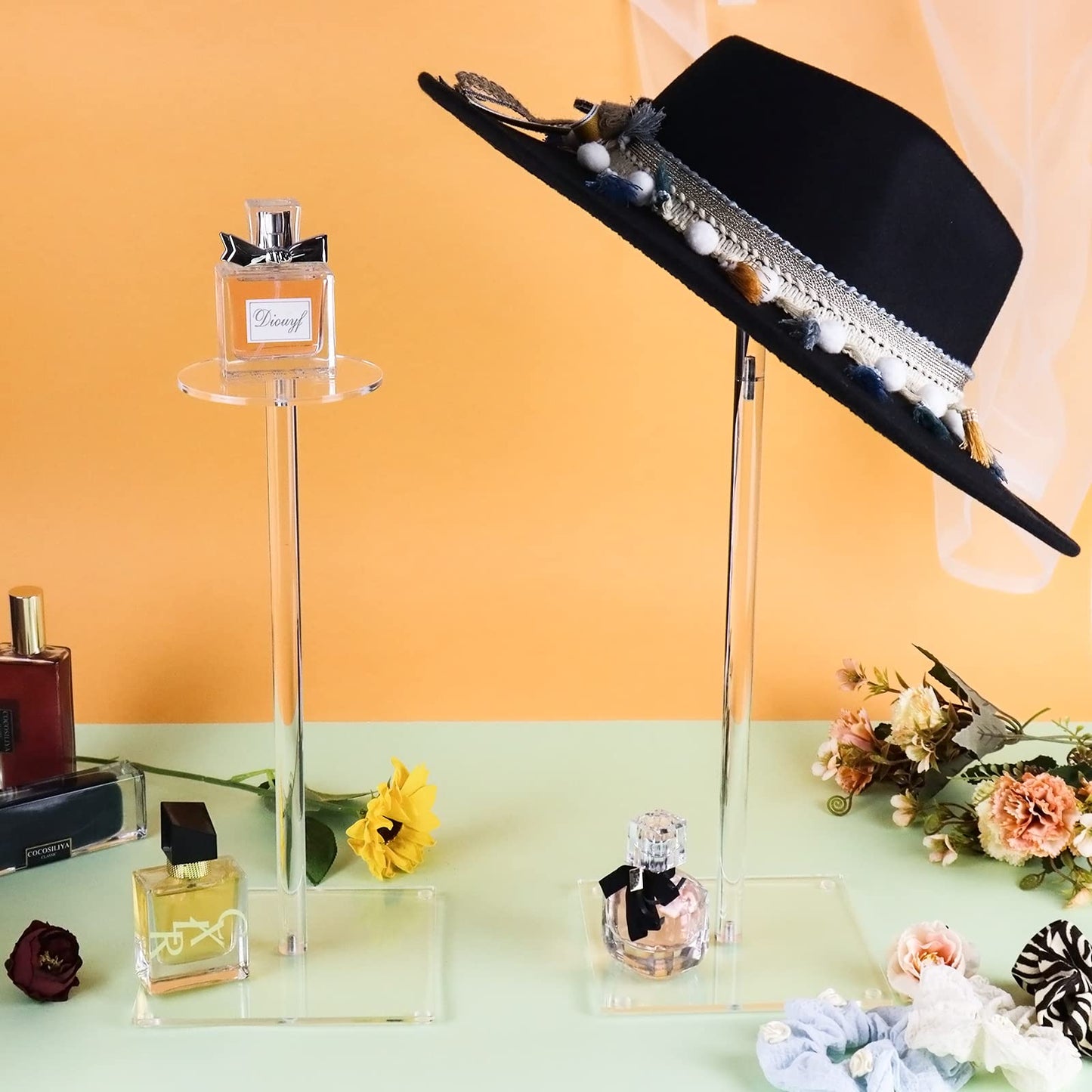 RSSCIIIUL Acrylic Hat Stand and Wig Display Rack, 2pcs 17" Clear Hat Stands for Display, Adjustable Height Hat Holder, Square Barbell Base Display, Hat Rack Stand for Display Jewelry Watch Helmets