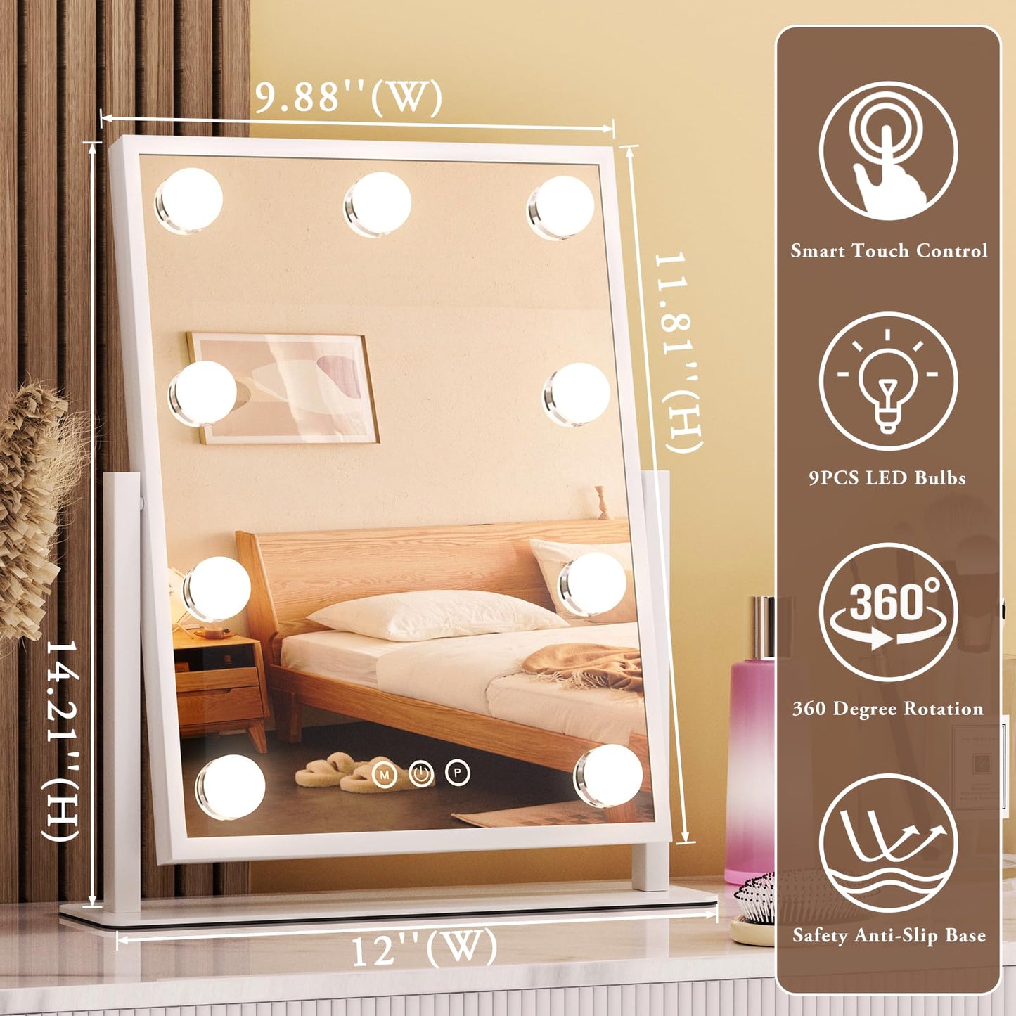 Dirket Vanity Mirror with Lights, Lighted Makeup Mirror Hollywood Makeup Mirror with 9 Dimmable Bulbs and 3 Color Lighting Modes, Smart Touch Control, 360°Rotation