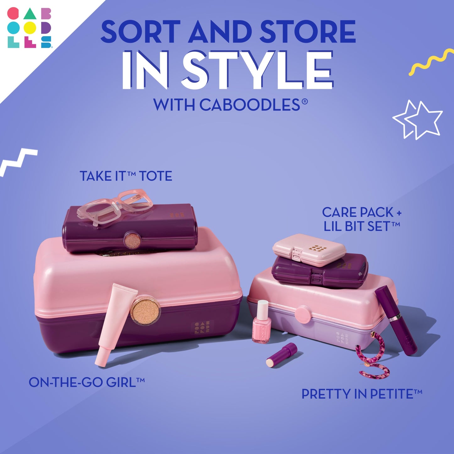 Caboodles On-The-Go Girl Makeup Box, Two-Tone Lilac on Cobalt, Hard Plastic Makeup Organizer Box, Built-In Mirror, Secure Latch for Safe Travel, Spacious Storage for Large Items