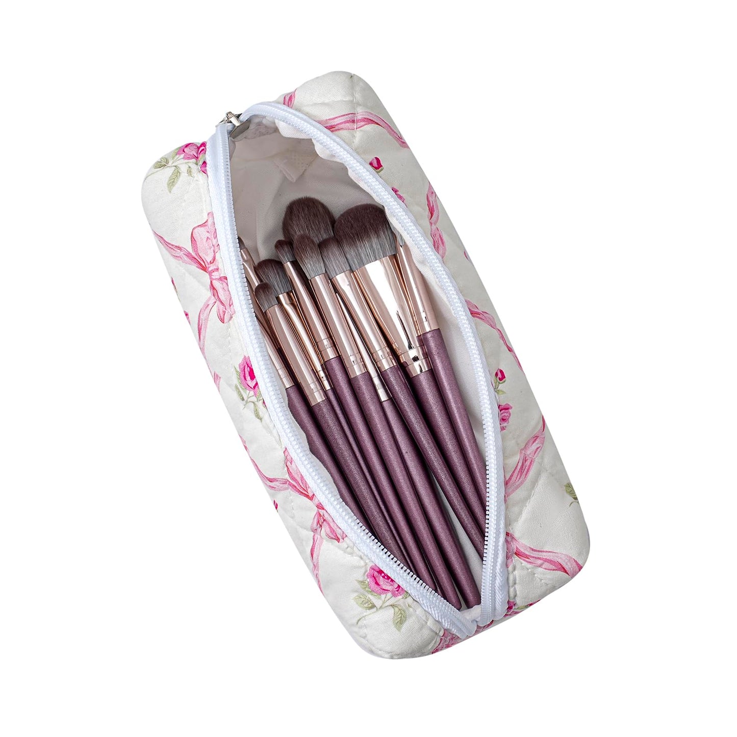 HHQQWZ Cute Floral Cotton Makeup Brush Cosmetic Bag for Women, Travel Quilted Zipper Make Up Bag, Flowers Toiletry Organizer Case Kawaii Makeup Cosmetic Travel Cloth Pouch (Pink+Pink Bowknot)