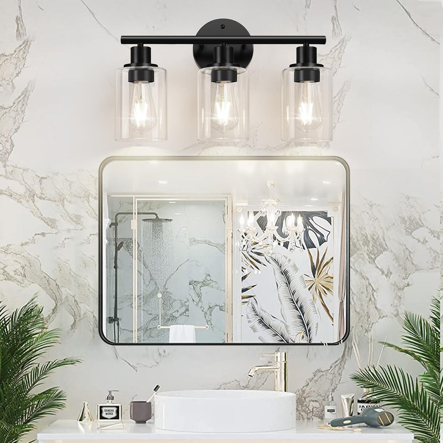 Zarbitta 3-Light Bathroom Light Fixtures, 17.23" Black Modern Vanity Lights with Clear Glass Shade, Bathroom Wall Lamp for Mirror Kitchen Living Room Hallway Cabinet Porch