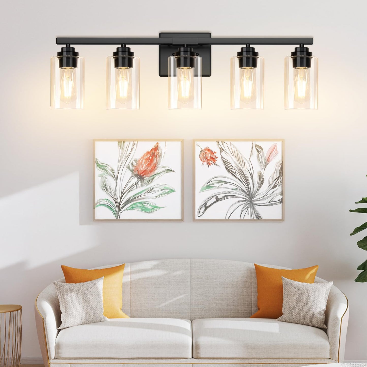 5-Light Matte Black Bathroom Light Fixtures, 31" Modern Vanity Lighting Fixture for Bathroom, Bathroom Vanity Lights Over Mirror with Clear Glass Shades, Wall Lamp for Mirror Living Room Bedroom Porch