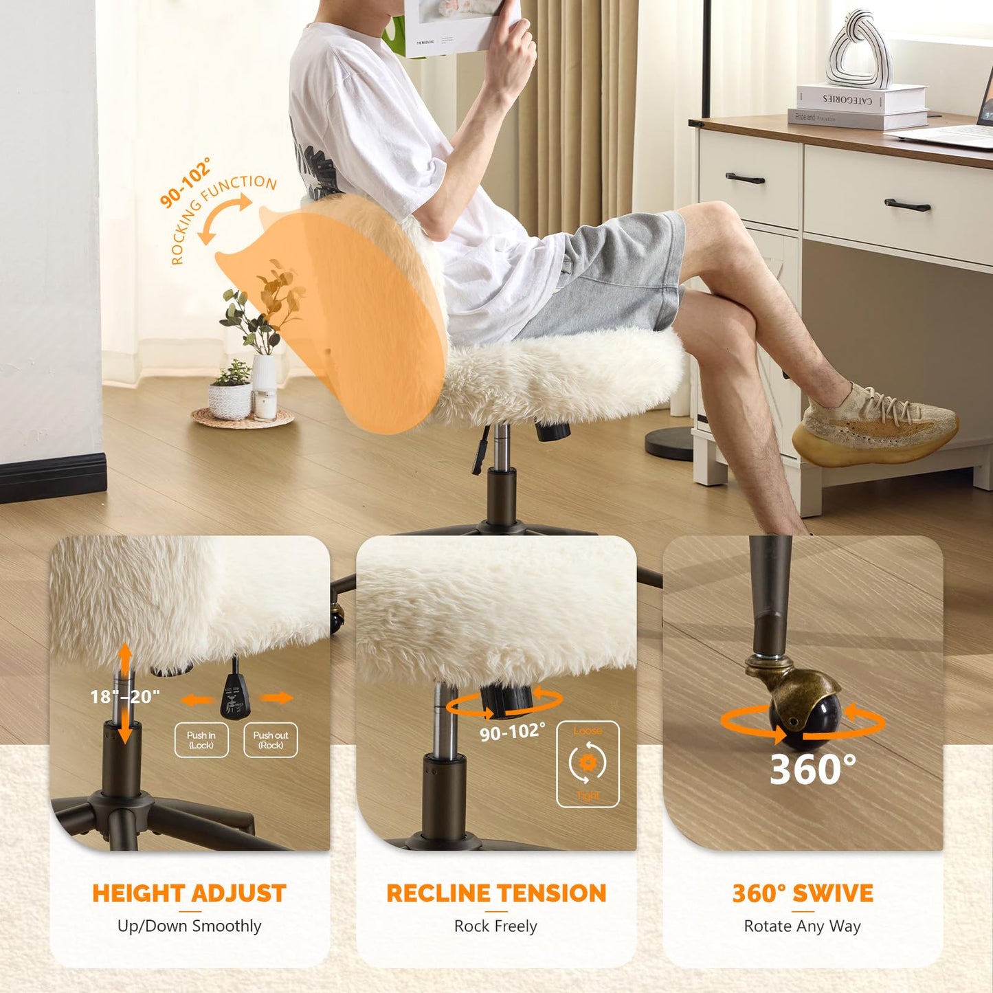 VINGLI Plush Upholstery Vanity Desk Chair with Curved Back & 90-102° Tilt &Adjustable Height, Cute Rolling Chair with Bronze Base & Golden-Bronze 360° Swivel Wheels for Makeup &Home Office,White Cream