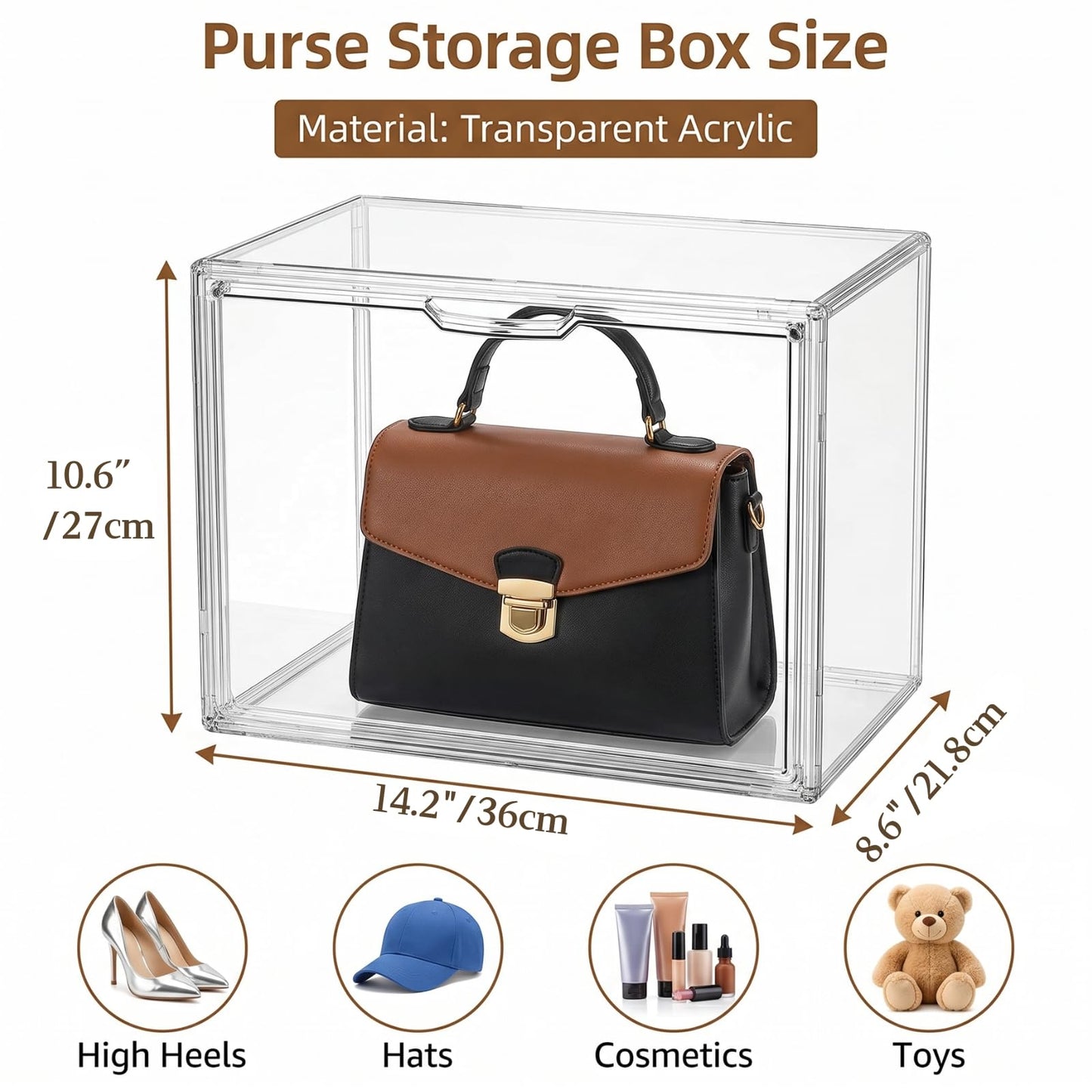 AVLA 3 Pack Plastic Handbag Storage Organizer for Closet, Clear Acrylic Display Case with Magnetic Door, Luxury Stackable Purse Clutch Organization, Assemble Collectibles Boxes for Wallet, Book, Toys