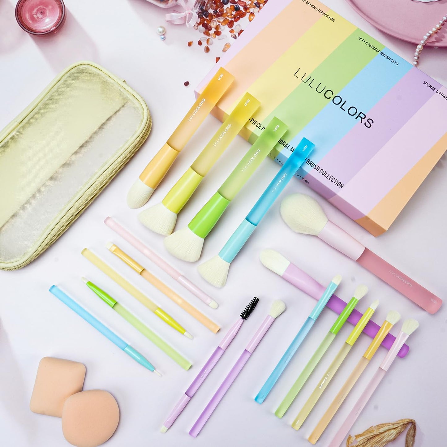 LULUCOLORS 18-Pcs Makeup Brush Set for Beginners - Travel-Friendly with Soft Arthritis-Friendly Handles & Non-Shedding Bristles | Includes Storage Bag, Eyeshadow Brushes & Sponges (Multi-Color)