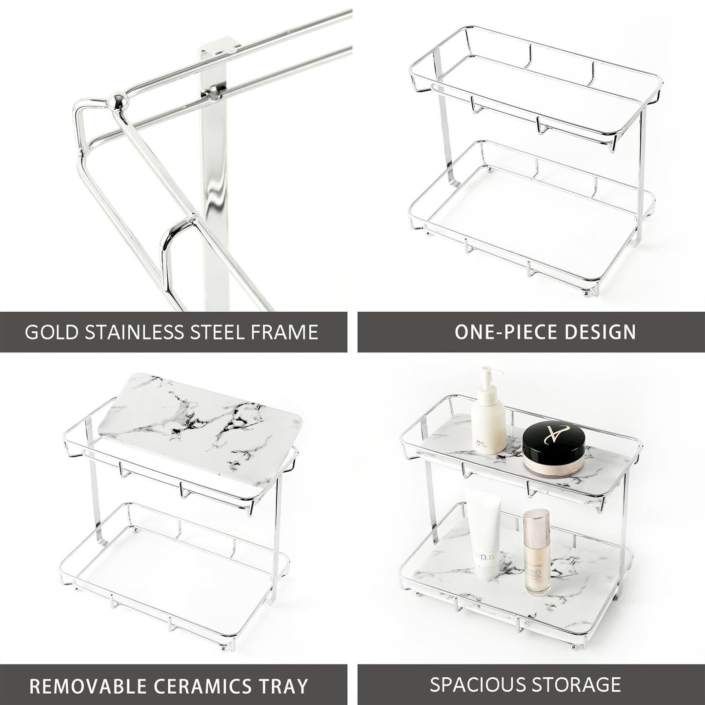 Bathroom Organizer Countertop Perfume Organizer Makeup Organizer Cosmetics Storage Display Rack Vanity Tray Dresser Stainless Steel Gold Shelf White Marble Ceramic Tray (2 Tier L-Sliver)