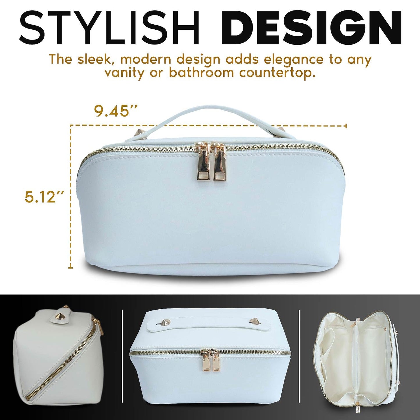 Travel Makeup Bag, Large Capacity Cosmetic Bag for Women, Large Makeup Organizer, PU Leather Waterproof Makeup bag, Travel Toiletry Bag Open flat Makeup Bag with Dividers and Handle (Smooth, White)