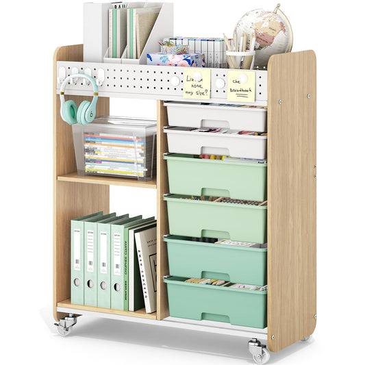 Rolling Storage Cart with Top Pegboard and 6 Drawers, Mobile Utility Cart on Wheels with Locking Brakes, Craft Organizer Lateral File Cabinet for Home, Office and Craft Room – Wood Frame(Green)