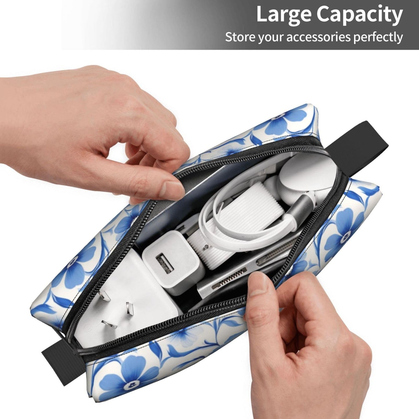 OLUSENMO Blue Elegant Flower Makeup Bag Small Compact & Durable Travel Cosmetic Bag Organizer Oxford Fabric Multi-Purpose Storage Perfect for Travel, Gym, Daily Use