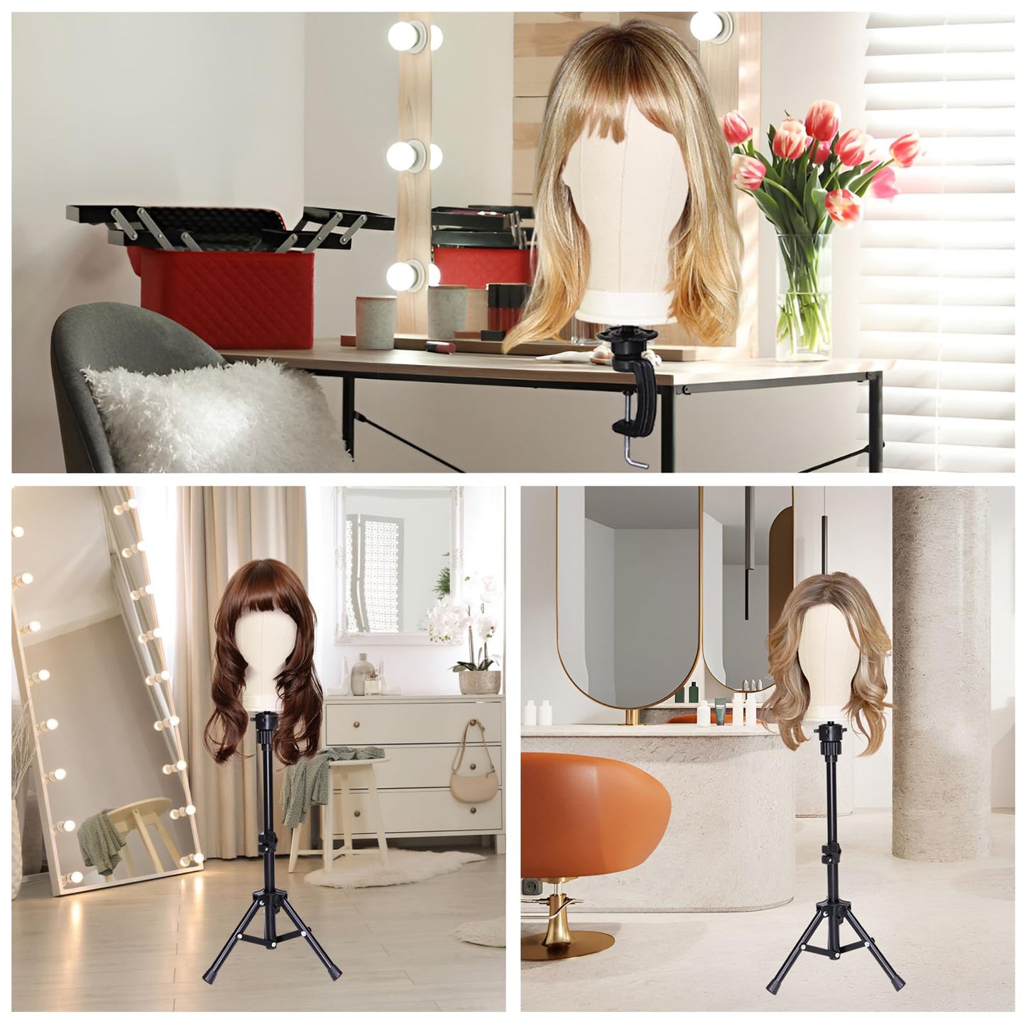 PWEOUKE 22 Inch Canvas Wig Head with Stand for Wigs ,14-22 Inch Height Adjustable Wig Stand Tripod with Canvas Block Wig Head,Manikin Head Block Set for Cosmetology with Wig Stand and Storage Bag