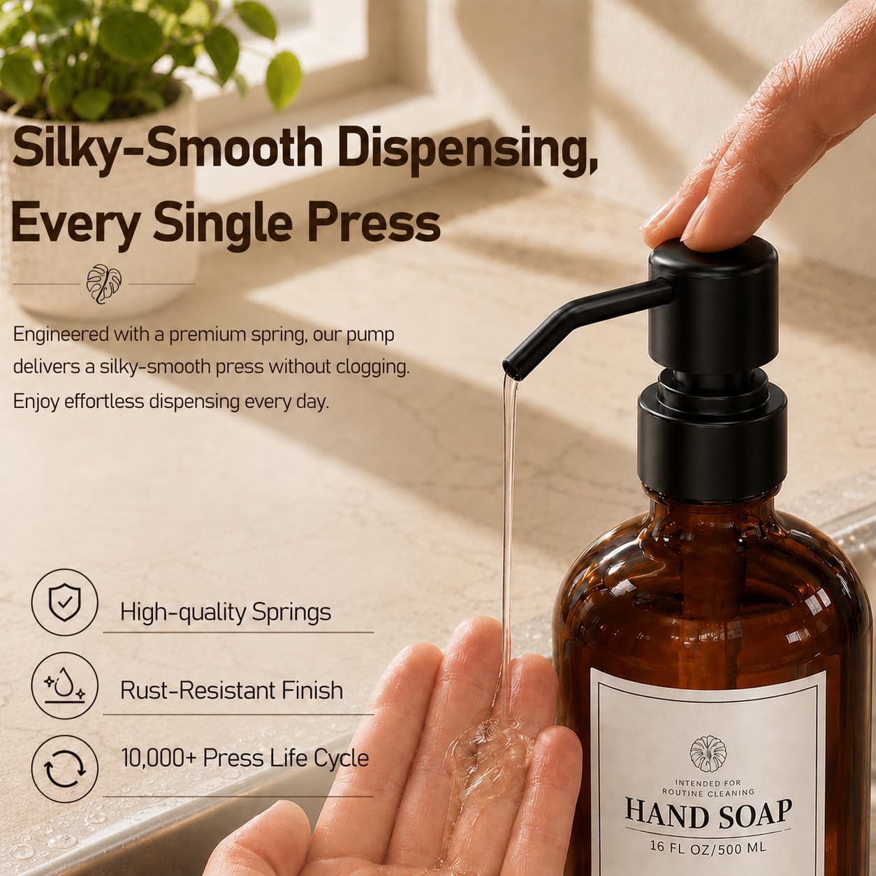 Fachixy Amber Glass Soap Dispenser (2 Pack), 16 Fl Oz Hand & Dish Soap Dispenser Bottles Set with Leak-Resistant Stainless Steel Pump, Non-Slip Pad, 14 Waterproof Labels for Kitchen and Bathroom