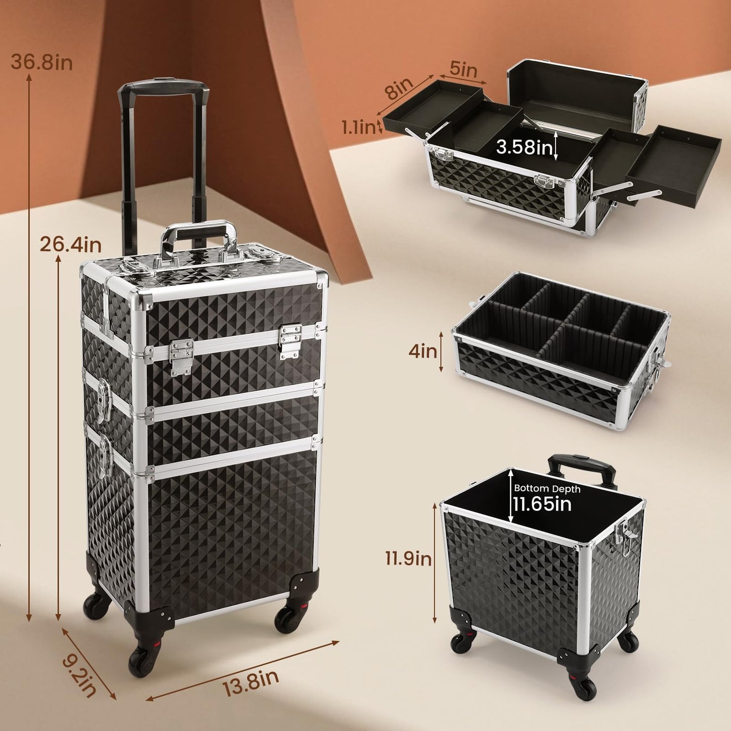 FRENESSA 3 in 1 Rolling Makeup Case Cosmetology Case on Wheel Vintage Black