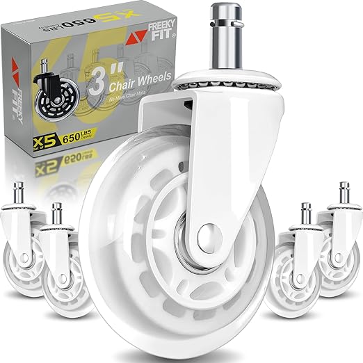 Office Chair Wheels for Casters Replacement - 3" Rubber Wheels for Computer Gaming Desk Caster Smooth & Safe Rolling for All Floors Including Hardwood and Carpet - Set of 5 - White