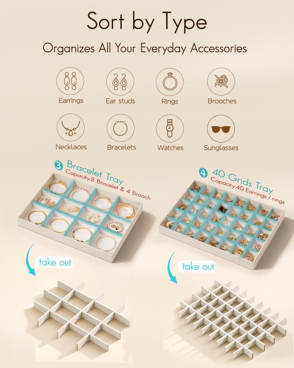 VLANDO Stackable Jewelry Tray, 40-Grid, Soft Velvet, Removable Dividers
