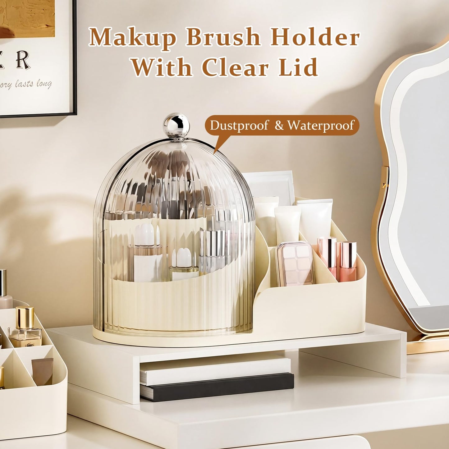360 Rotating Makeup Organizer with Clear Dust Lid, Multi-compartment Perfume & Makeup Brush Holder, Large Capacity Vanity Desk Storage for Cosmetics, Skincare, Kitchen, Pantry, Bathroom Countertop