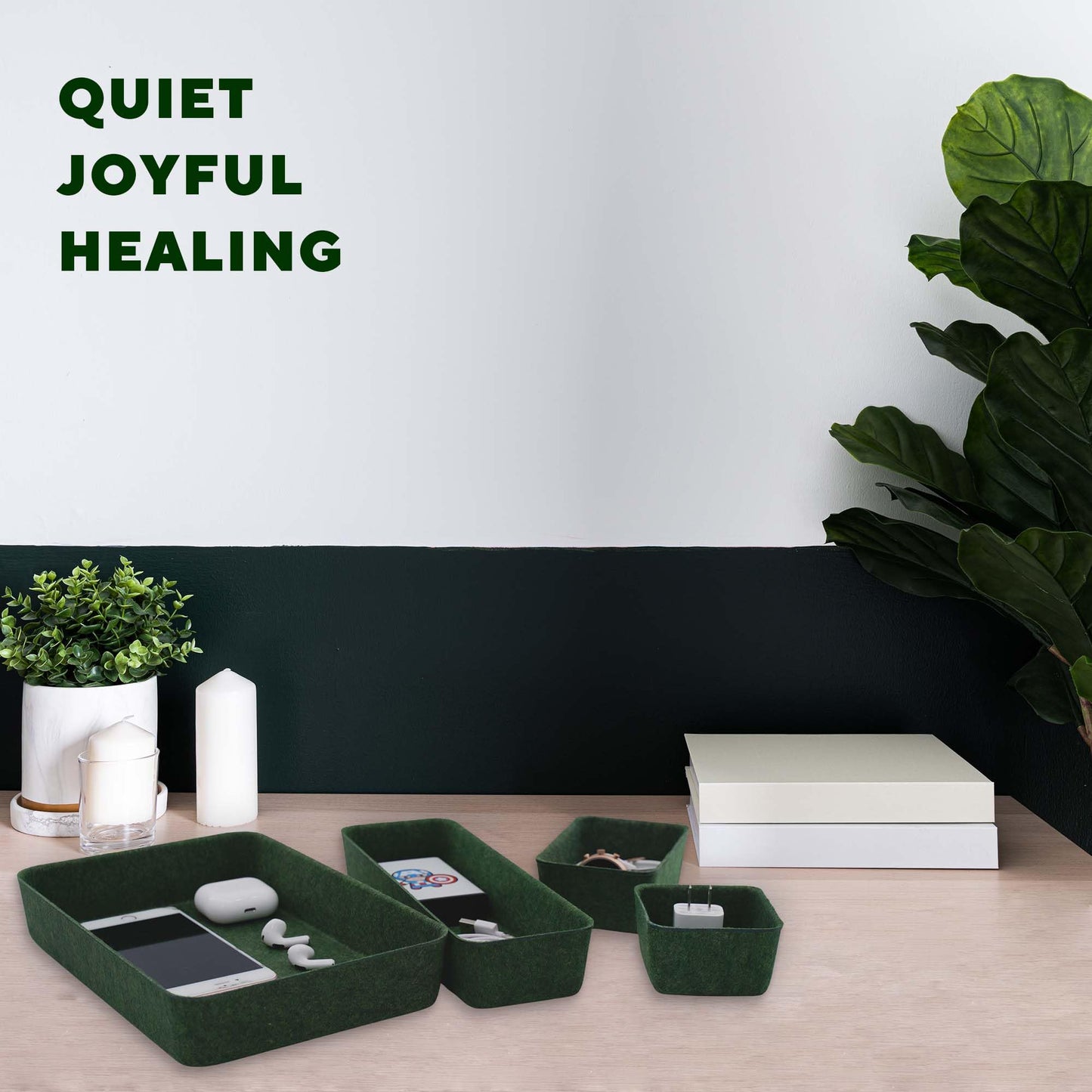 Welaxy Desk drawer organizer bins shallow trays felt storage desktop box for jewelry watches office supplies makeup small key holder minimalism 8-piece (Forest Green)