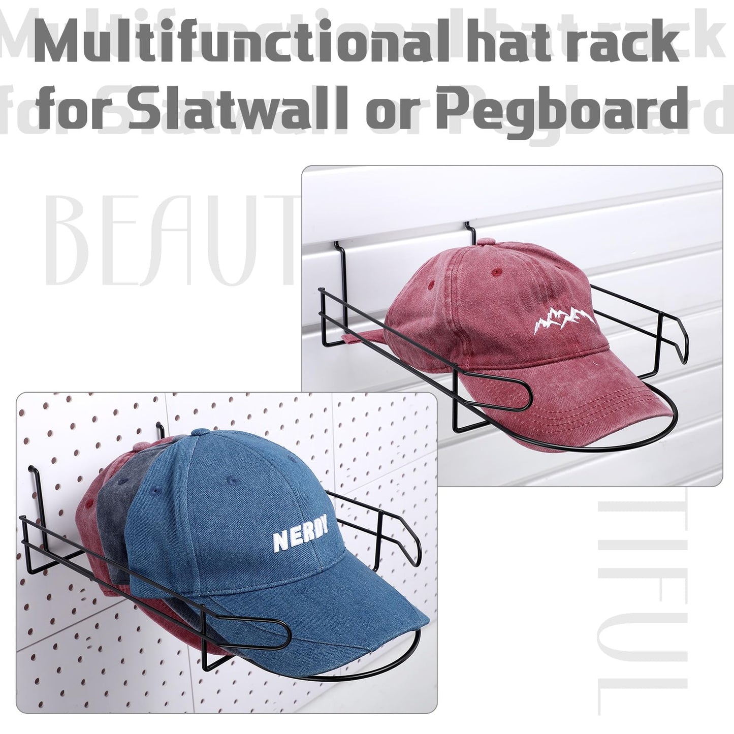 Kigley 8 Pcs Wire Hat Display Racks for Slatwall Black Metal Baseball Hat Racks Multifunctional Retail Shelves Pegboard Display for Home Retail Boutique Store Organizer