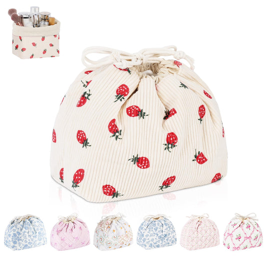 Playexen Corduroy Drawstring Makeup Bag, Coquette Small Cosmetic Bag for Purse, Portable Cute Travel Makeup Pouch for Women Daily Use, Birthday/Party/Christmas Gifts (Strawberry)