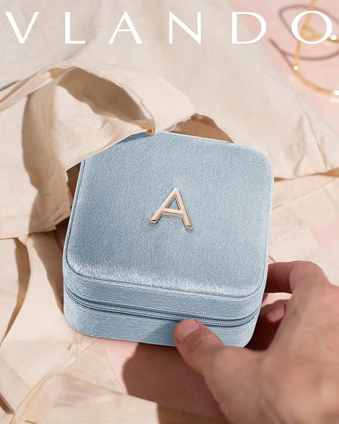 Vlando Mother's Day Gift for Women Girls, L Initial Travel Jewelry Case, Small Jewelry Travel Case, Personalized Travel Mini Jewelry Case, Birthday Gifts for Women Mom Grandma - Letter M, Blue