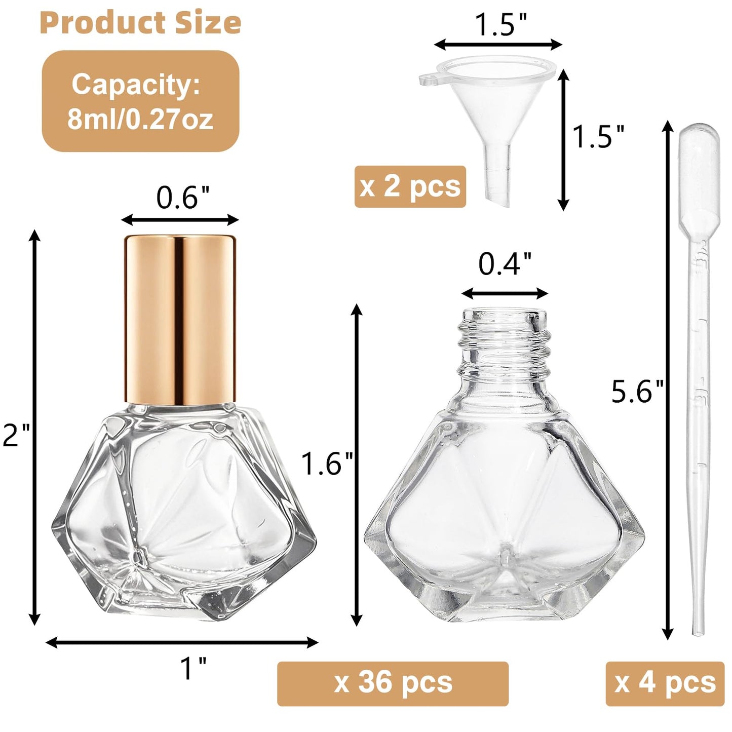 ELFULLY 36 Pack Essential Oil Roller Bottles, 8ml/0.27oz Empty Roll On Bottle, Glass Polygonal Roller Ball Applicator, Perfume Vials with Stainless Steel Roller Ball for Travel, 4 Dropper, 2 Funnel
