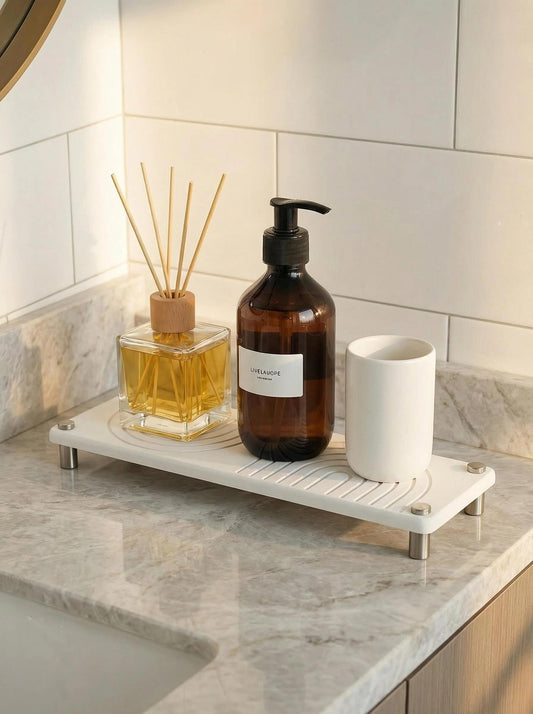Diatomite Sink Tray - Zen Design Bathroom Counter Tray for Soap, Toothbrush & Skincare, Water Absorbing Stone Tray for Sink Fast Drying and Non-Slip (White)