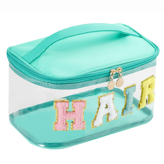 Personalized Chenille Letter Clear Hair Makeup Bag, Large Size Waterproof Nylon Cosmetic Toiletry Storage bag with Top Handle, Transparent Meds Hair Travel Organizer Cosmetic Bag(05Hair-Green)