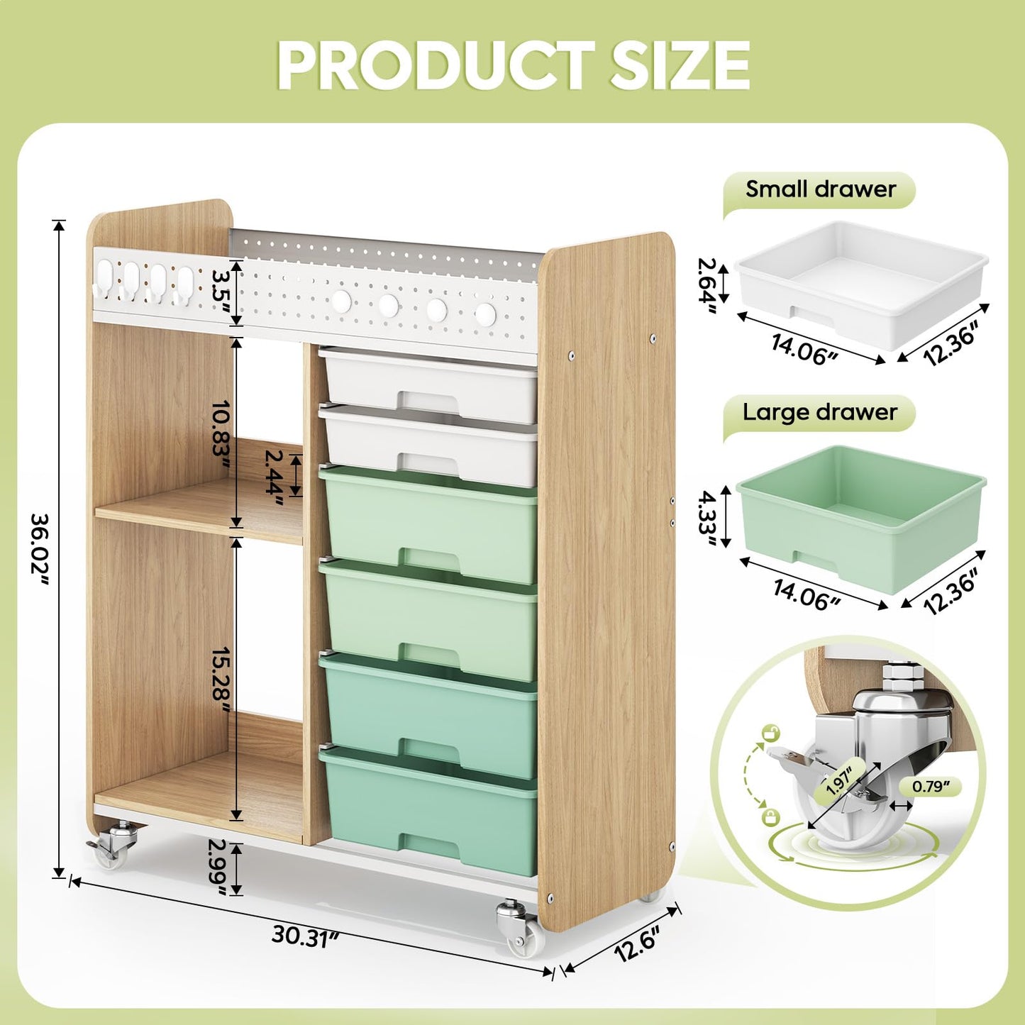 Rolling Storage Cart with Top Pegboard and 6 Drawers, Mobile Utility Cart on Wheels with Locking Brakes, Craft Organizer Lateral File Cabinet for Home, Office and Craft Room – Wood Frame(Green)