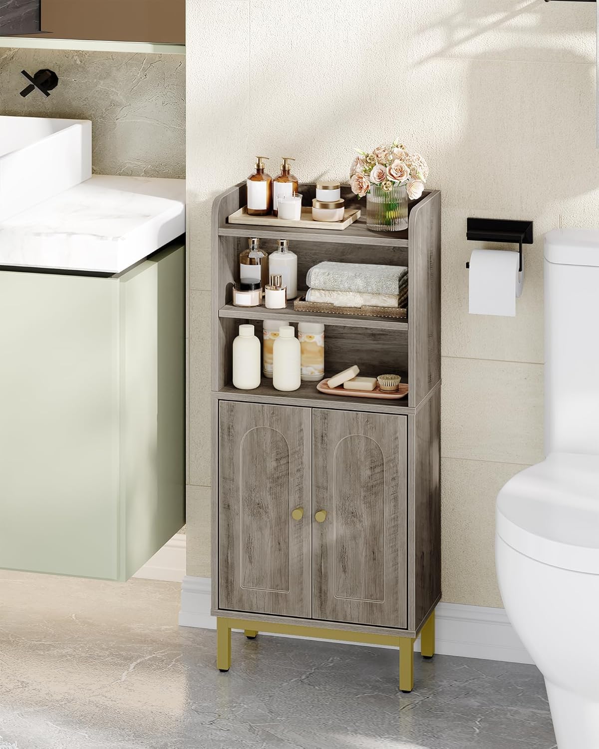 Hzuaneri Bathroom Storage Cabinet, Small Floor Cabinet with 2 Door and Shelves, Toilet Paper Cabinets, Bathroom Organizer with Adjustable Shelf, for Small Spaces Greige,Arch Door,7.1" Dx14.6 Wx32.7 H